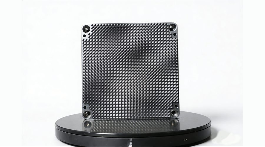 Square metal additive pin-fin thermal plate coupon on a black display stand