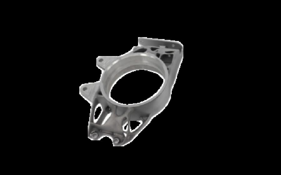 Webbed metal additive automotive steering knuckle blank on black background