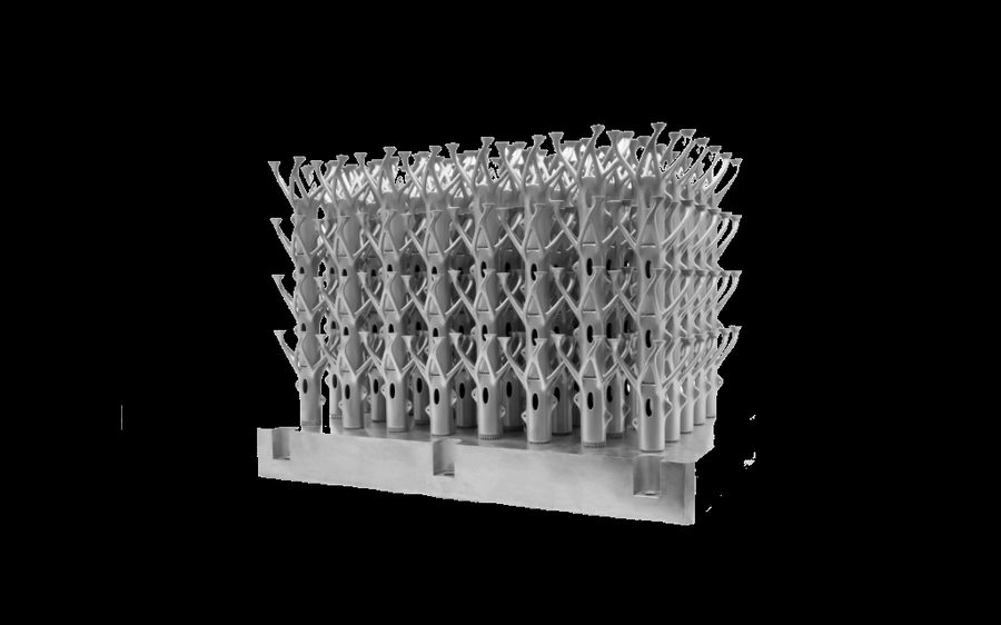 Batch nest of metal additive aviation Y-branch blanks on a build plate